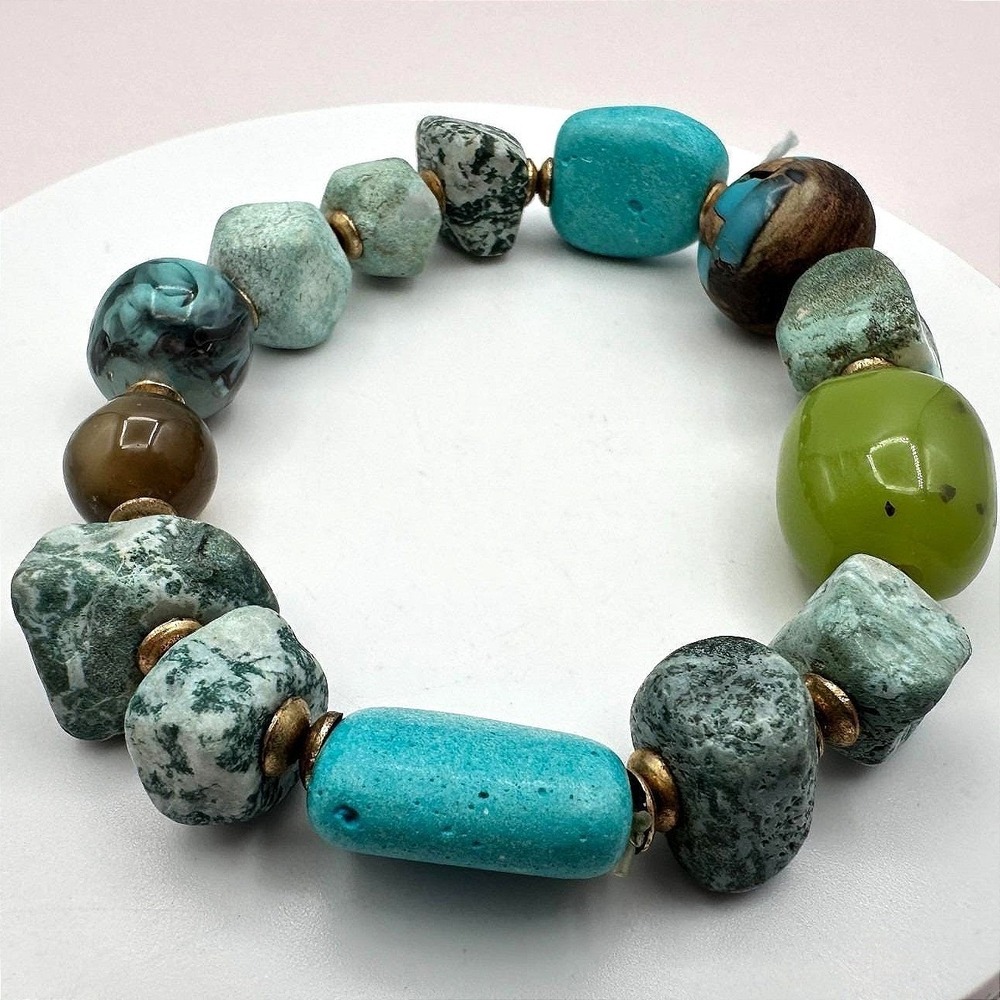 Vintage 90s Chunky Turquoise Green Stone Beaded Stretch Bracelet Fashion Jewelry